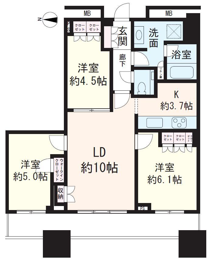 Floor plan. 3LDK, Price 64,800,000 yen, Occupied area 65.34 sq m , High balcony area 11.42 sq m ceiling, For out-of-frame construction method, It is refreshing floor plan.