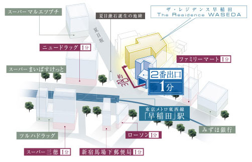 Surrounding environment. "ALL 1 min RESIDENCE" spread living "1 minute station life.". About 20m until the Tokyo Metro Tozai Line Waseda Station, 1-minute walk. Not only the station, Supermarket, post office, Location convenience facilities such as a convenience store has been condensed to "walk 1 minute". (Family Mart Waseda Ekinishi shop about 80m, Mizuho Bank Waseda branch about 110m, Tsuruha drag Waseda shop about 110m, Natsume slope of the label about 120m) (location conceptual diagram)