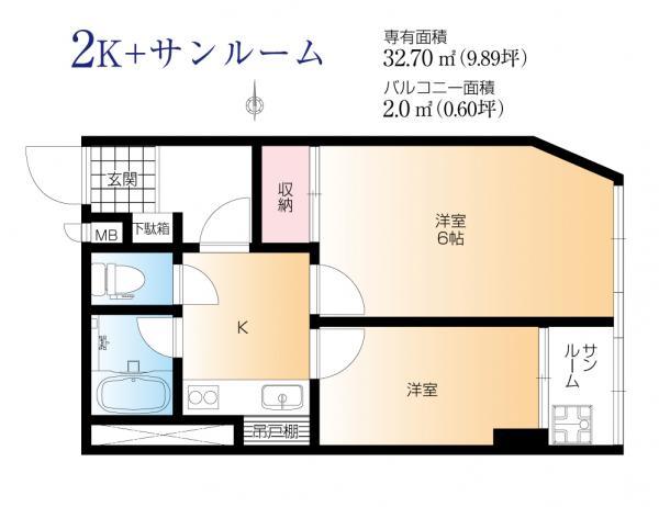 Floor plan. 2K, Price 13.8 million yen, Footprint 32.7 sq m , Balcony area 2 sq m