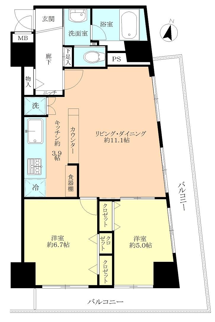 Floor plan. 2LDK, Price 37,800,000 yen, Occupied area 58.27 sq m , Balcony area 16.65 sq m