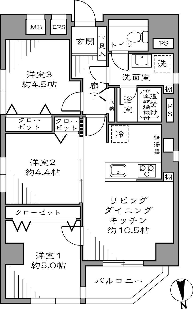 Floor plan. 3LDK, Price 34,800,000 yen, Occupied area 57.54 sq m , Balcony area 4.99 sq m
