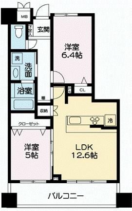 Floor plan. 2LDK, Price 46,800,000 yen, Occupied area 56.38 sq m , Balcony area 9.75 sq m