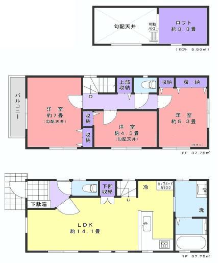 Floor plan. 53,800,000 yen, 3LDK, Land area 76.05 sq m , Building area 75.5 sq m
