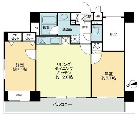 Floor plan. 2LDK, Price 45,800,000 yen, Occupied area 56.95 sq m , Balcony area 10.87 sq m