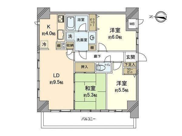 Floor plan. 3LDK, Price 38,800,000 yen, Occupied area 66.72 sq m , Balcony area 11.1 sq m
