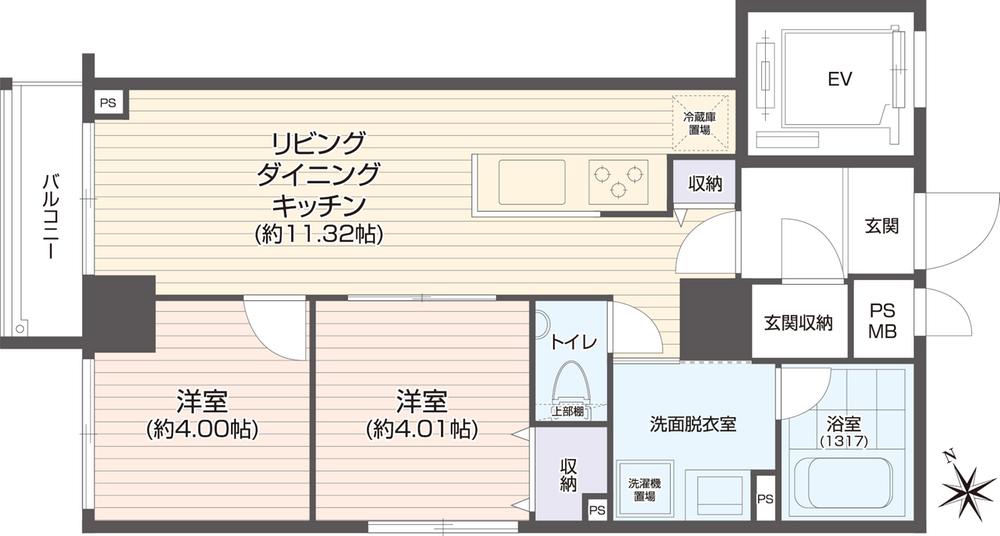Floor plan. 2LDK, Price 38,800,000 yen, Footprint 45.1 sq m , Balcony area 2.91 sq m