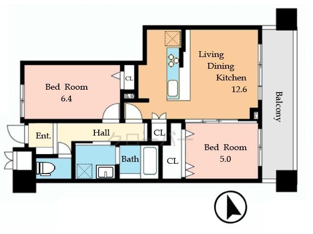 Floor plan. 2LDK, Price 46,800,000 yen, Occupied area 56.38 sq m , Balcony area 9.75 sq m