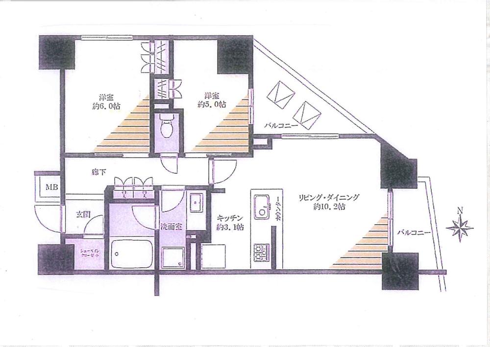 Floor plan. 2LDK, Price 44,800,000 yen, Occupied area 57.66 sq m , Balcony area 9.63 sq m
