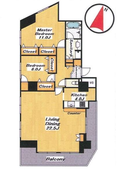 Floor plan. 2LDK, Price 59,800,000 yen, Occupied area 90.68 sq m , Balcony area 16.35 sq m