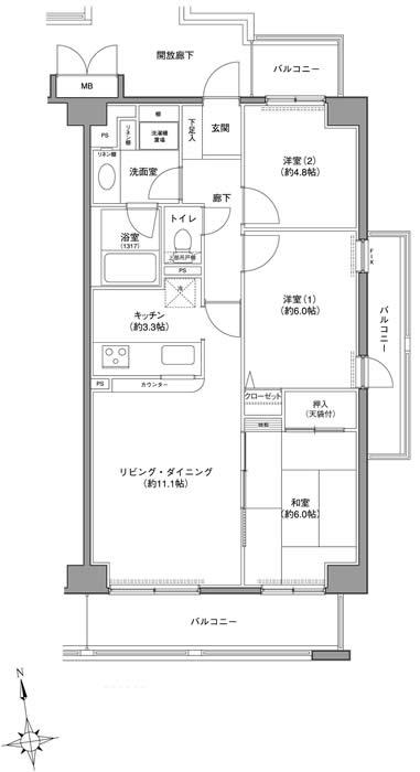 Floor plan. 3DKK, Price 41,500,000 yen, Occupied area 68.57 sq m , Balcony area 15.78 sq m