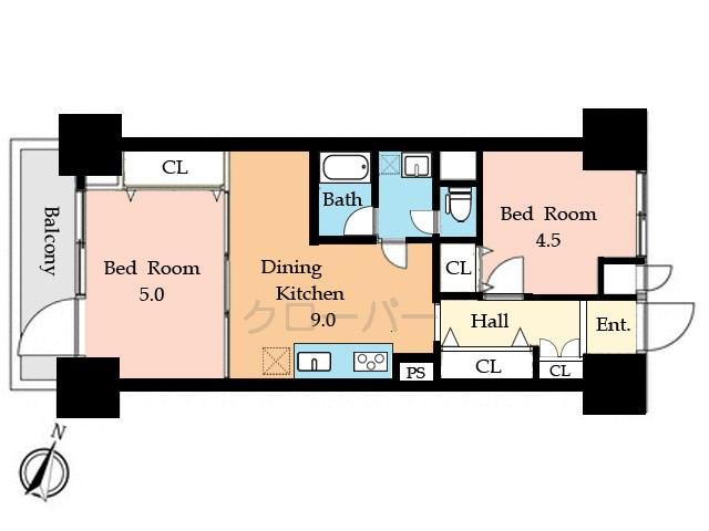 Floor plan. 2DK, Price 29,800,000 yen, Footprint 48.6 sq m , Balcony area 5.4 sq m