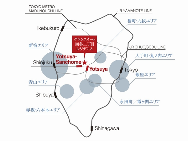 Yotsuya is located in the middle of nearly Yamanote Line. JR Chuo Line ・ Big attraction is the comfort of access available to the Tokyo Metro Marunouchi Line, etc. 5 lines. (Access conceptual diagram)