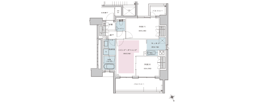 2LDK ・ E-type (first-come-first-served basis) footprint / 54.04 sq m balcony area / 13.38 sq m