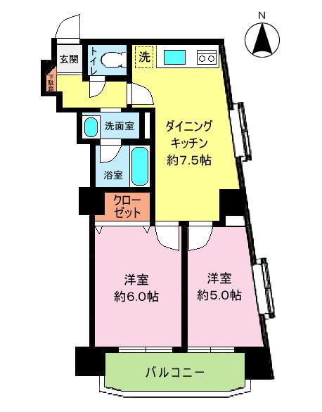 Floor plan. 2DK, Price 24,800,000 yen, Footprint 41.5 sq m , Balcony area 4.99 sq m