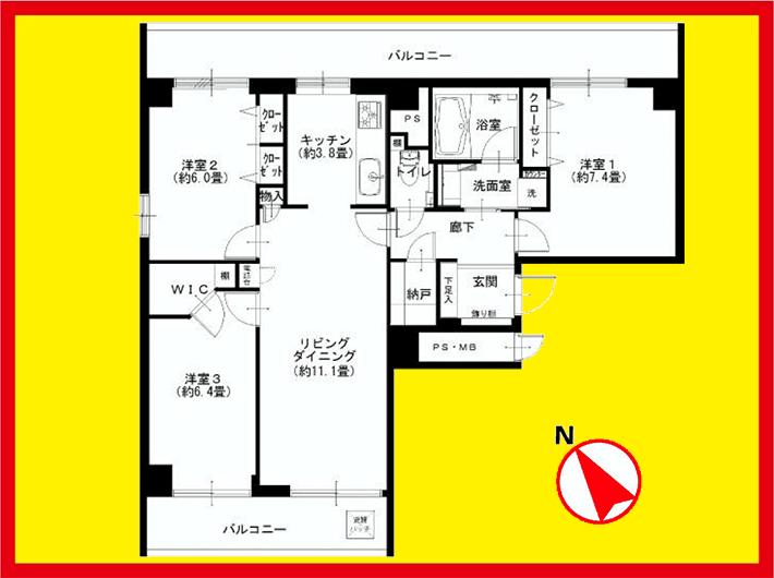 Floor plan. 3LDK, Price 48,900,000 yen, Occupied area 77.75 sq m , Balcony area 21.18 sq m