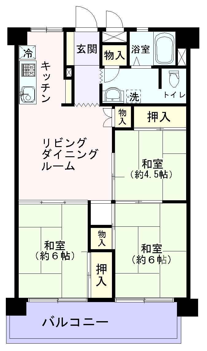 Floor plan. 3LDK, Price 25,800,000 yen, Occupied area 62.37 sq m , Balcony area 9.45 sq m
