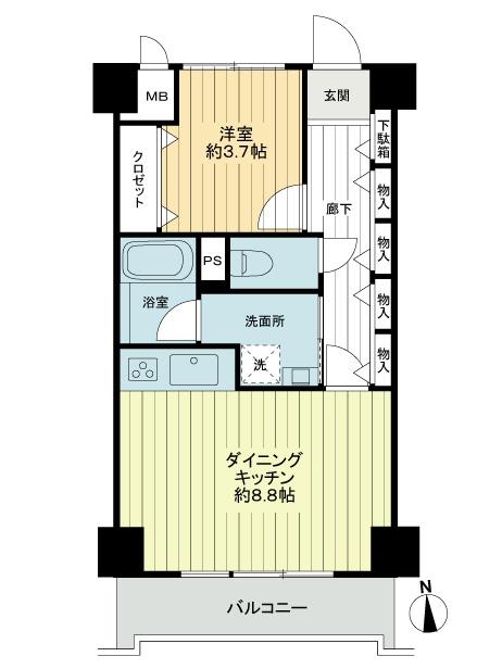 Floor plan. 1K, Price 19,800,000 yen, Occupied area 36.45 sq m , Balcony area 4.5 sq m will be completed floor plan