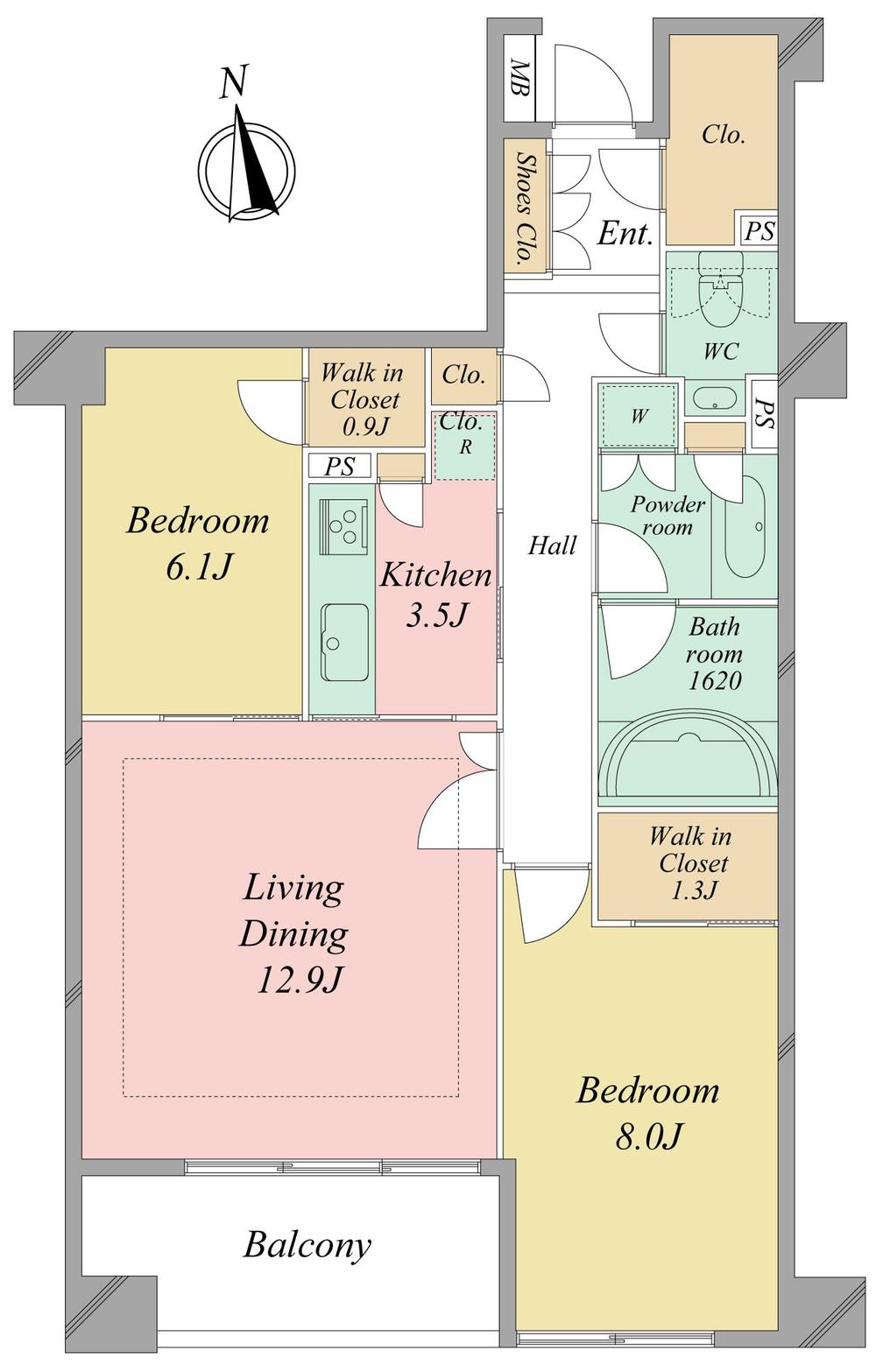 Floor plan. 2LDK, Price 74,800,000 yen, Occupied area 77.35 sq m , Balcony area 8.1 sq m south-facing 2LDK Walk-in closet × 2