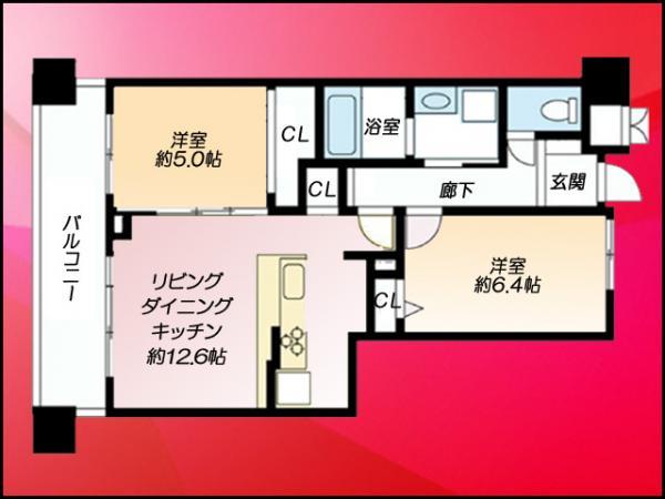 Floor plan. 2LDK, Price 46,800,000 yen, Occupied area 56.38 sq m , Balcony area 9.75 sq m