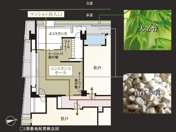 Features of the building.  [Approach from the entrance to the dwelling unit] Around Entrance, It adopted the natural materials such as bamboo lords and white gravel, We tailor the design to feel the peace. While daimyo bamboo to produce a space where sunlight is plug soft, Consideration to privacy by blocking the line of sight from the outside. Also, White gravel is the contrast between the black tiles of the floor surface will exudes a dignified atmosphere. (Conceptual diagram ※ Photo image)
