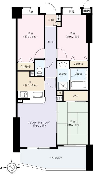 Floor plan. 3LDK, Price 49,800,000 yen, Occupied area 66.31 sq m , Balcony area 10.5 sq m