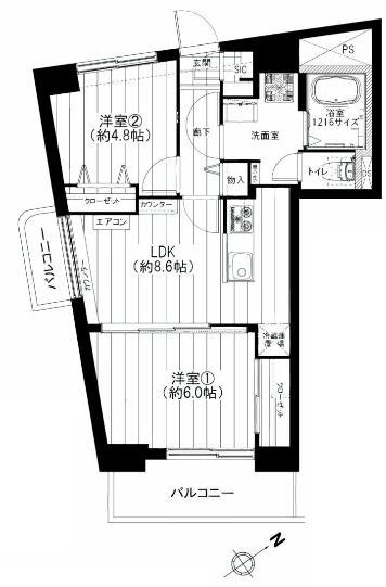 Floor plan. 2LDK, Price 29,900,000 yen, Footprint 46 sq m , Balcony area 6.33 sq m