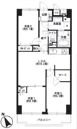Floor plan. 3LDK, Price 36,900,000 yen, Occupied area 59.92 sq m , Balcony area 6.27 sq m