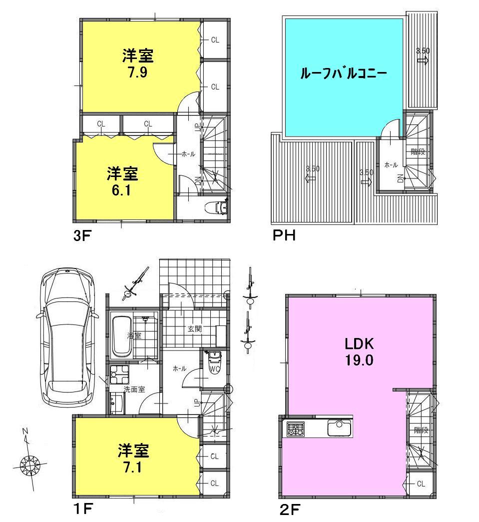 Floor plan. 68,800,000 yen, 3LDK, Land area 66.18 sq m , Building area 105.61 sq m large roof balcony