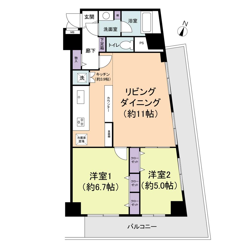 Floor plan. 2LDK, Price 37,800,000 yen, Occupied area 58.27 sq m , Balcony area 16.65 sq m