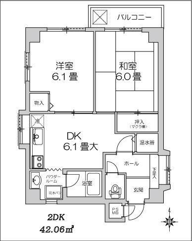 Floor plan. 2DK, Price 19,800,000 yen, Occupied area 42.06 sq m , Balcony area 3.3 sq m