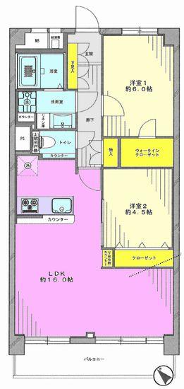 Floor plan. 2LDK, Price 33,800,000 yen, Occupied area 59.41 sq m , Balcony area 7.2 sq m