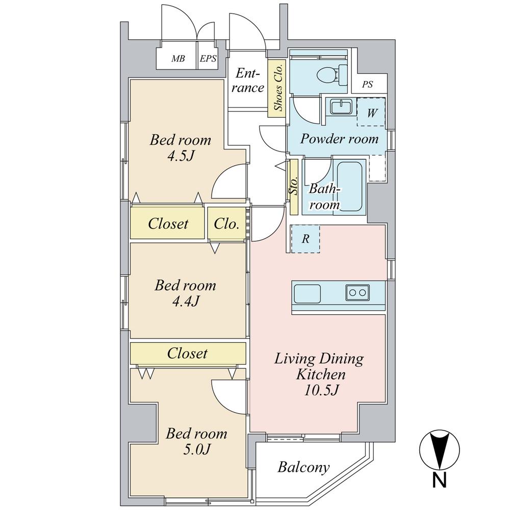 Floor plan. 3LDK, Price 34,800,000 yen, Occupied area 57.54 sq m , Balcony area 4.99 sq m