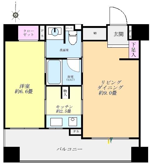Floor plan. 1LDK, Price 32,800,000 yen, Occupied area 40.05 sq m , Balcony area 7.53 sq m