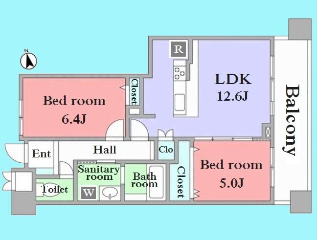 Floor plan. 2LDK, Price 46,800,000 yen, Occupied area 56.38 sq m , Balcony area 9.75 sq m