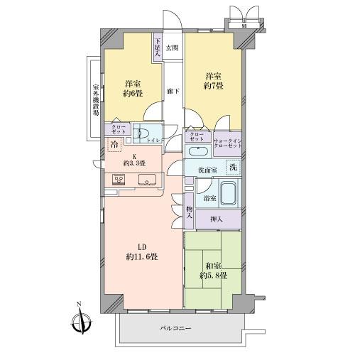 Floor plan. 3LDK, Price 46,800,000 yen, Occupied area 75.64 sq m , Balcony area 7.7 sq m floor plan