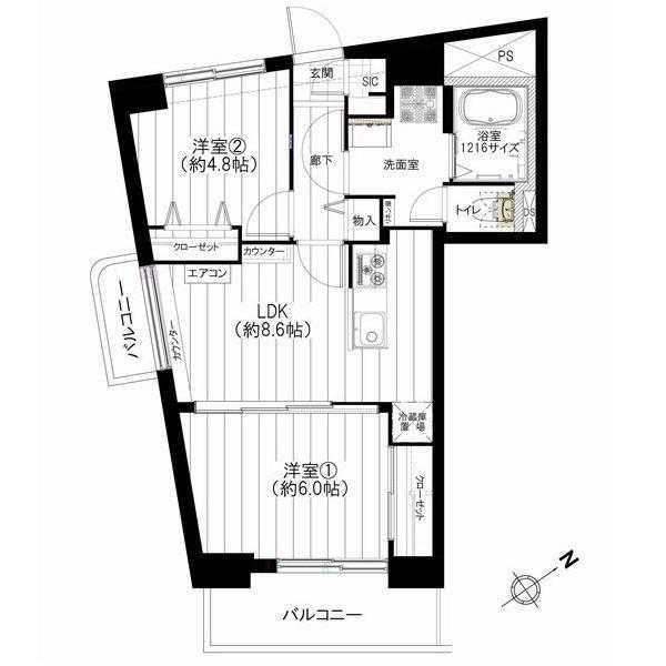 Floor plan. 2LDK, Price 29,900,000 yen, Footprint 46 sq m , Balcony area 6.33 sq m