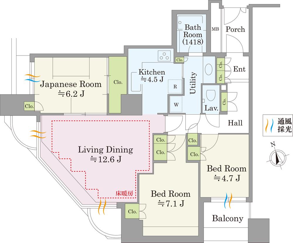 Floor plan. 3LDK, Price 61 million yen, Occupied area 80.48 sq m , Southwest angle dwelling units of the balcony area 3.25 sq m 79.24 square meters. The LD has adopted a panorama window.