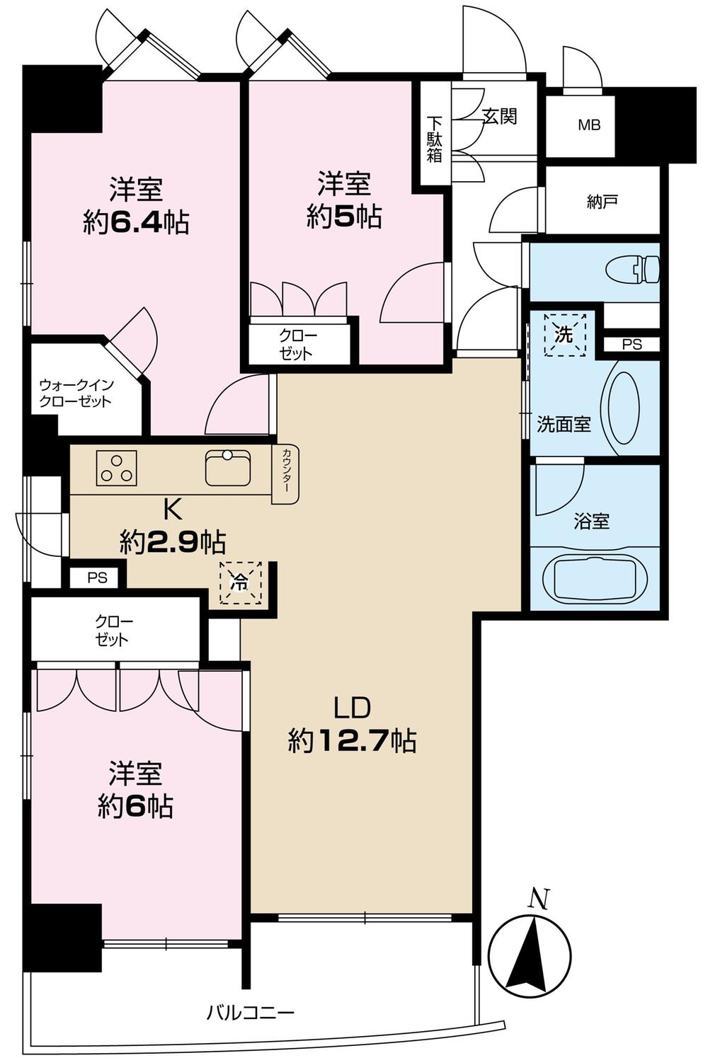 Floor plan. 3LDK, Price 48,500,000 yen, Occupied area 74.26 sq m , Balcony area 8.19 sq m