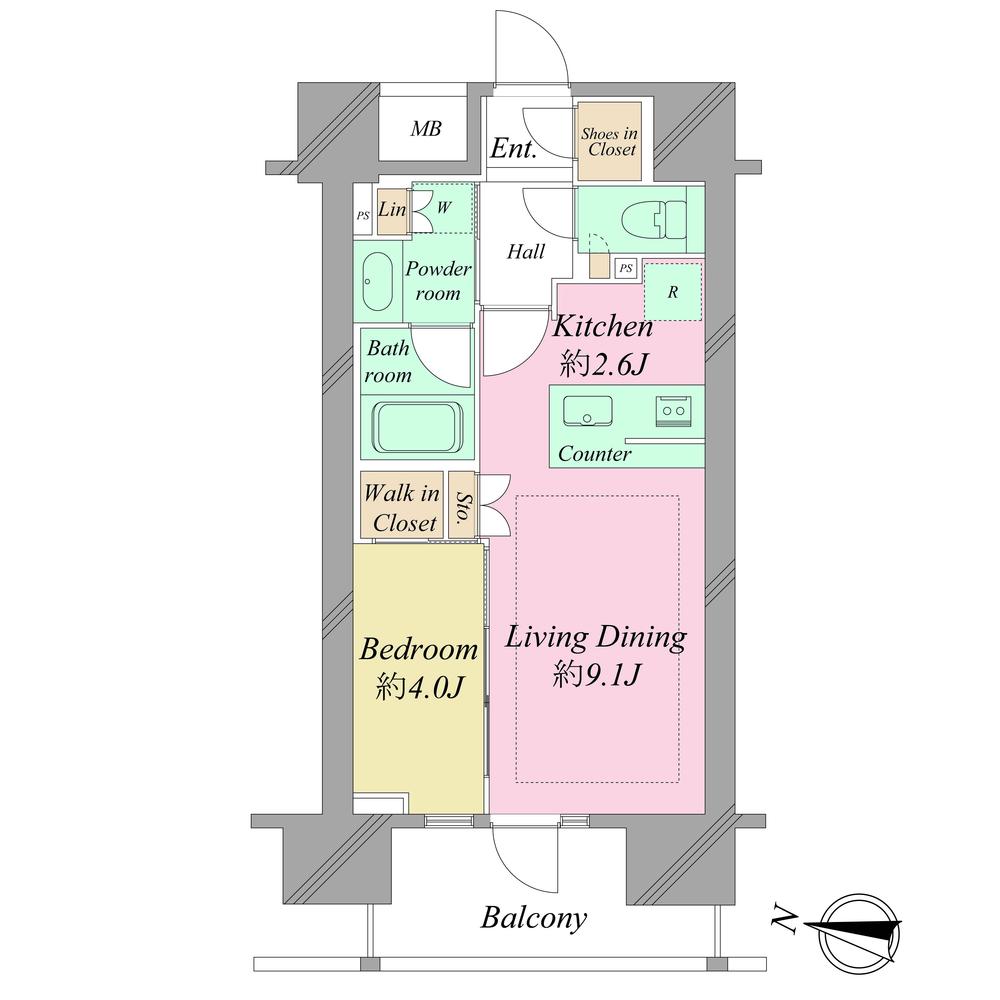 Floor plan. 1LDK, Price 39,800,000 yen, Occupied area 40.68 sq m , Balcony area 7.74 sq m