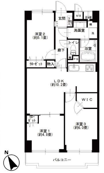 Floor plan. 3LDK, Price 36,900,000 yen, Occupied area 59.92 sq m , Good Floor balcony area 6.27 sq m usability