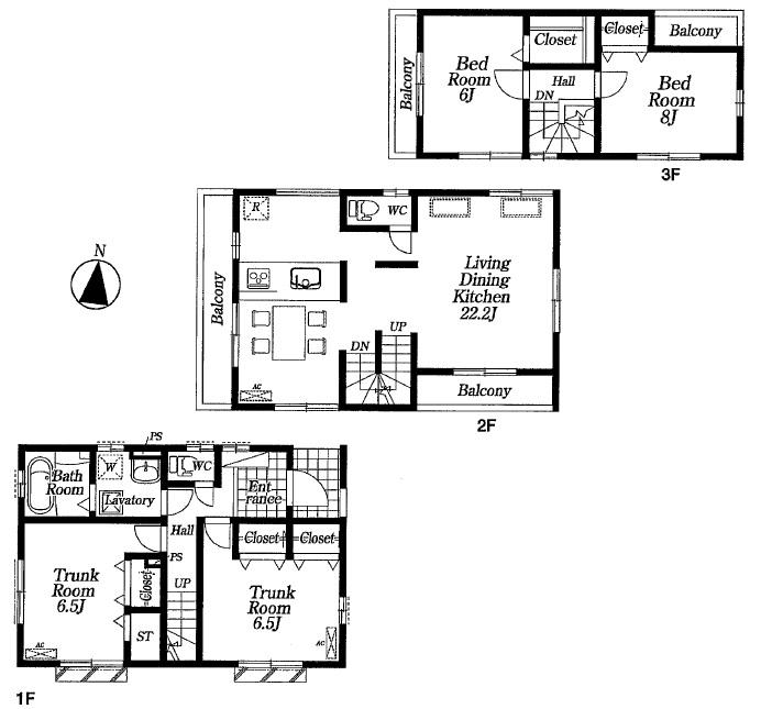 Floor plan. (Building 2), Price 72,800,000 yen, 4LDK, Land area 101.11 sq m , Building area 108.94 sq m