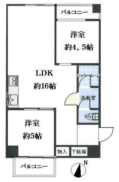 Floor plan. 2LDK, Price 25,800,000 yen, Occupied area 53.68 sq m , Balcony area 6.43 sq m