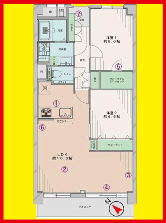 Floor plan. 2LDK, Price 33,800,000 yen, Occupied area 59.41 sq m , Balcony area 7.2 sq m