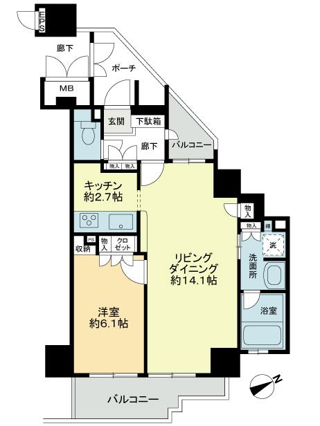Floor plan. 1LDK, Price 39,800,000 yen, Occupied area 51.63 sq m , Balcony area 8.17 sq m
