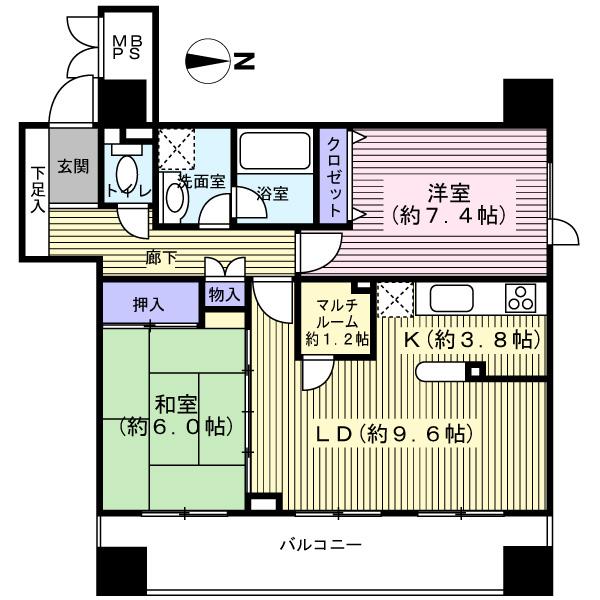 Floor plan. 2LDK, Price 47,800,000 yen, Occupied area 67.22 sq m , Balcony area 12.75 sq m