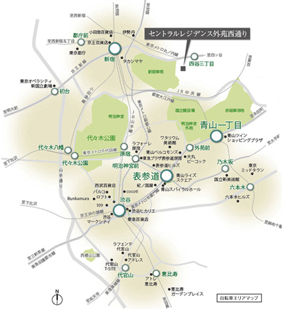 Surrounding environment. In the lives of the "Central Residence Gaien West Street", Recommended bicycle would like to. Little outing on the weekend of pleasant sunny day. The station around the area feel free to go in such a stroll mood, A number of large-scale commercial facilities and theater, Movie theater, Popular restaurants such as, Attractive spot is equipped. (Bicycle area map)