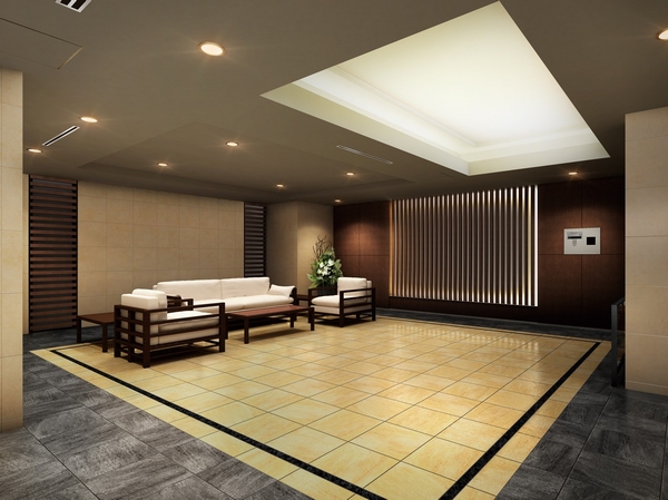 Entrance Hall Rendering ( ※ 2) on the floor of natural stone tone tile, Adopted a profound sense of natural stone on the walls. By disposing the louver in part of the wall, It has become a magnificent height and warmth drifts shared space. Feel the status of the person who live here, It spreads such elegance