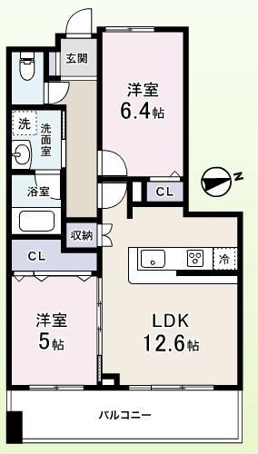 Floor plan. 2LDK, Price 46,800,000 yen, Occupied area 56.38 sq m , Balcony area 9.75 sq m