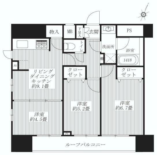 Floor plan. 3LDK, Price 45 million yen, Footprint 58.8 sq m , Balcony area 8.94 sq m
