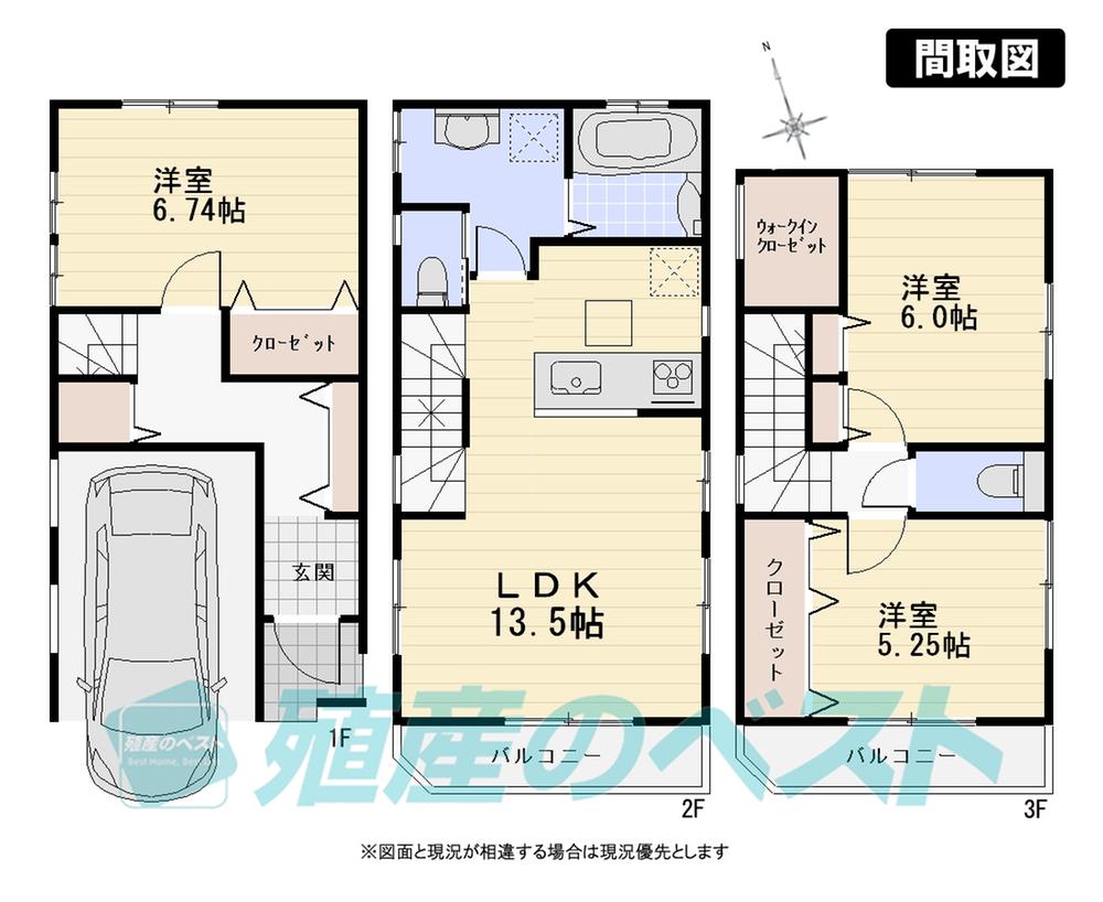 Floor plan. (1 Building), Price 58,800,000 yen, 3LDK, Land area 56.1 sq m , Building area 95 sq m